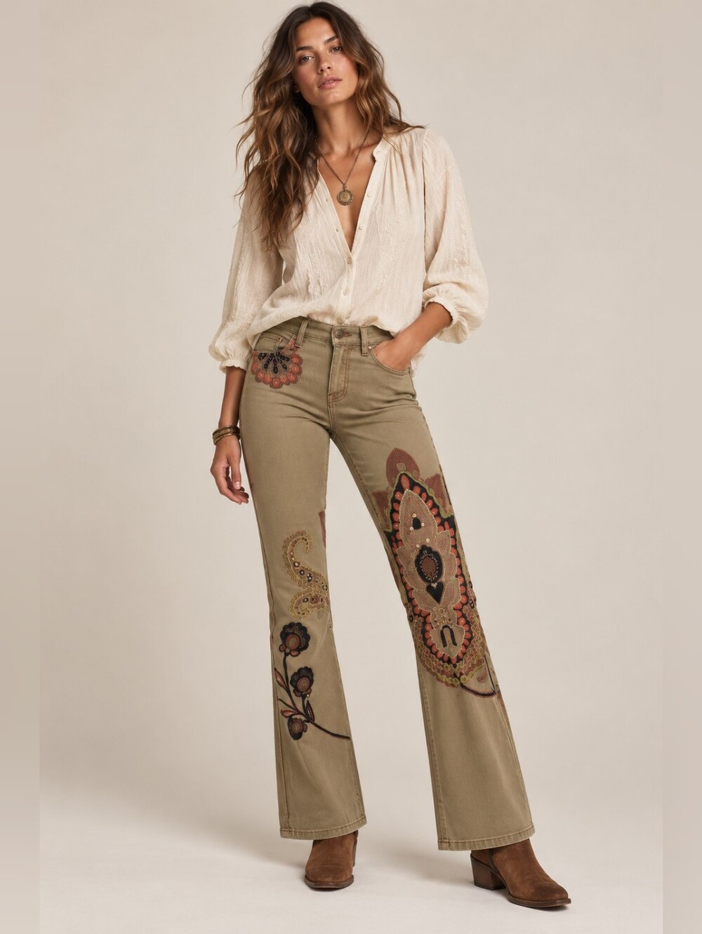 NWT BIYA Johnny Was Two Ten Ten Five Embroidered Studded Flare Bootcut Jeans 4